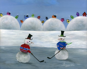 New York vs Montreal Hilly Hockey Puck Giclée Archival Print - Paper or Canvas - NHL Snowman Winter Folk Art - Larry Robinson & Vic Hadfield