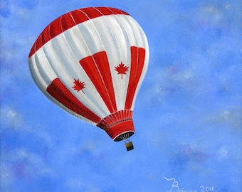 Original Painting Hilly Happy Canada - 8x8 - Folk Art - A Canada Flag hot air balloon soars in a beautiful blue sky - OOAK Acrylic on Canvas