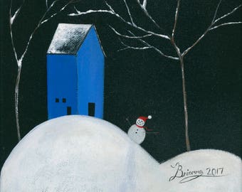 This Little Snowman Giclée Archival Print - Paper or Canvas - Naive Winter Folk Art Blue House snow fall on trees & snowman - Various Sizes