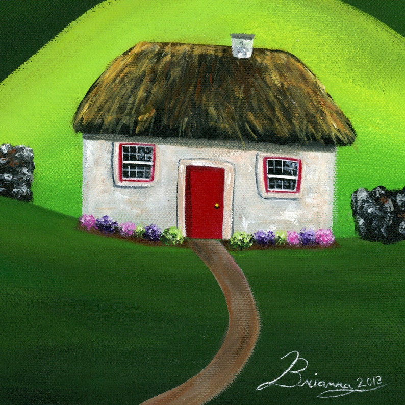 Hilly Highlands Giclée Archival Print Paper or Canvas Folk Art with Straw Roof Irish Cottages & Sheep, river, rock walls Various Sizes image 4