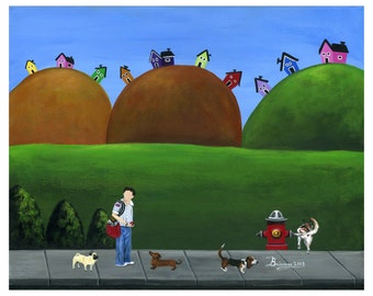 Hilly Hold-up Giclée Archival Print - Paper or Canvas - Animal Folk Art - mailman with dogs lined up to use the fire hydrant - Various Sizes