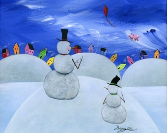 Hilly High Up Giclée Archival Print - Canvas or Paper - Various Sizes - Winter snowman father and son flying a red kite and pink pig balloon