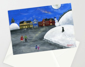 Hilly Hope - Folk Art Winter Christmas Card w/ Snowman, Family skating, Northern Lights