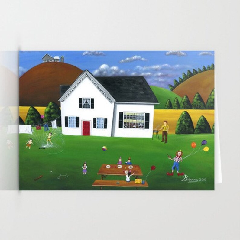 Hilly Happy Birthday Folk Art Greeting Card W/ Family Party Scene Etsy