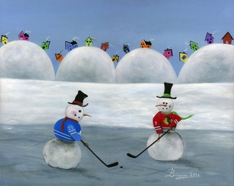 Chicago vs Toronto Hilly Hockey Puck Giclée Archival Print - Paper or Canvas - NHL Snowman Winter Folk Art - Bobby Hull & Darryl Sittler