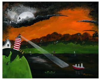 Hilly Haunted Lighthouse Giclée Archival Print - Paper or Canvas - Halloween Folk Art with Ghosts in a Boat, campfire, witch - Various Sizes