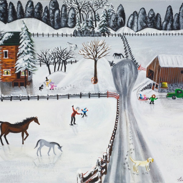 The Farm Giclée Archival Print - Paper or Canvas - Whimsical Winter Folk Art Painting laneway, house, barn, horse, dog, kids - Various Sizes