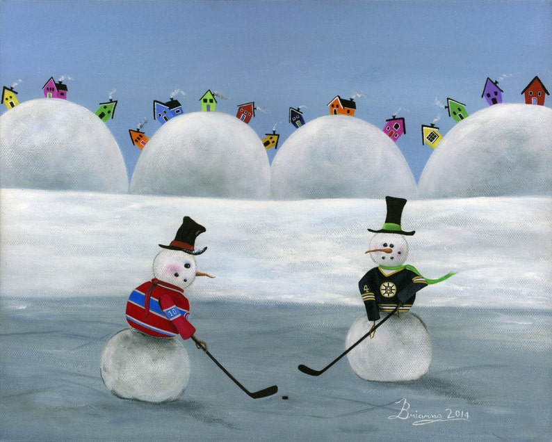 Boston vs Montreal Hilly Hockey Puck Giclée Archival Print Paper or Canvas NHL Snowman Winter Folk Art Guy Lafleur & Bobby Orr 画像 1