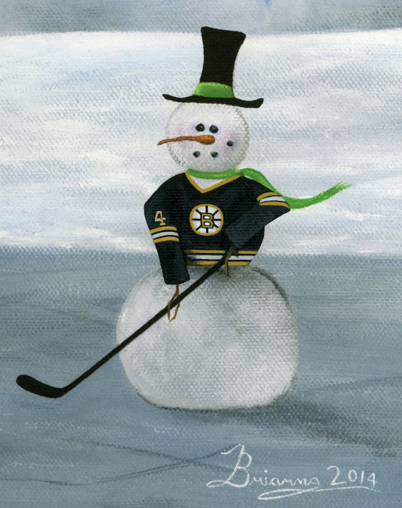 Boston vs Montreal Hilly Hockey Puck Giclée Archival Print Paper or Canvas NHL Snowman Winter Folk Art Guy Lafleur & Bobby Orr image 3
