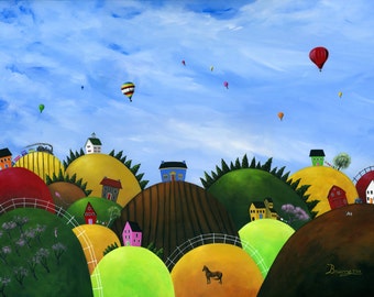 Hilly Habitat Giclée Archival Print - Paper or Canvas - Various Sizes - Country Landscape with Hot Air Balloons