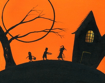 Hilly Haunted Tricks or Treats Giclée Archival Print - Paper or Canvas - Halloween Folk Art Silhouette Kids, House, Full Moon -Various Sizes
