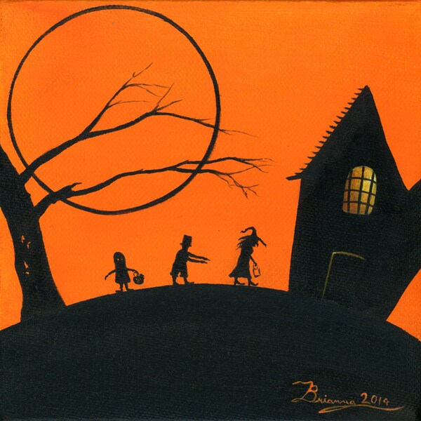 Giclée-arkivtryck med Halloween-motiv och "Tricks or Treats" - Papper eller kanvas - Halloween-folkkonstsilhuett för barn, hus, fullmåne - Olika storlekar