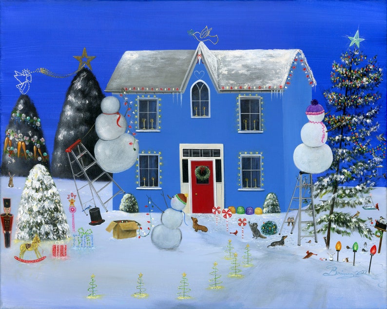 Hilly Hues of Light Giclée Archival Print Paper or Canvas Winter Christmas Folk Art Painting Snowman Decorating a House Various Sizes image 1