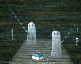 Ghost Catch of the Day Giclée Archival Print - Paper or Canvas - Halloween Folk Art 2 Ghosts fishing off the dock with worms - Various Sizes