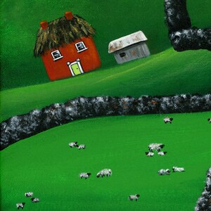 Hilly Highlands Giclée Archival Print Paper or Canvas Folk Art with Straw Roof Irish Cottages & Sheep, river, rock walls Various Sizes image 3