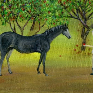 Original Painting Hilly Here Ya Grow by Brianna 12x24 Acrylic Summer Folk Art Apple Orchard with Farmer, Picker, Horse, Dog OOAK image 2