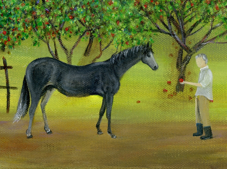 Original Painting Hilly Here Ya Grow by Brianna 12x24 Acrylic Summer Folk Art Apple Orchard with Farmer, Picker, Horse, Dog OOAK image 2