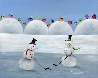 Original Painting Hilly Hockey Puck by Brianna - 11x14 - Winter Christmas Folk Art Snowman vs Snowman Pond Hockey - OOAK Acrylic on Canvas