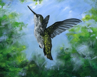 Hummingbird's Forest Giclée Archival Print - Paper or Canvas - Female Ruby-Throated Hummingbird flight - Part of a Set of 3 - Various Sizes