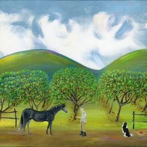 Original Painting Hilly Here Ya Grow by Brianna 12x24 Acrylic Summer Folk Art Apple Orchard with Farmer, Picker, Horse, Dog OOAK image 1