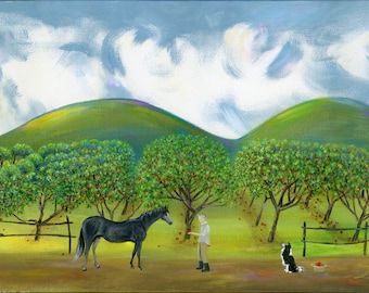 Original Painting Hilly Here Ya Grow by Brianna - 12x24 - Acrylic Summer Folk Art Apple Orchard with Farmer, Picker, Horse, Dog - OOAK