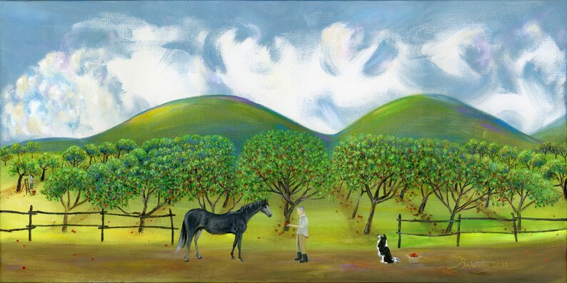 Original Painting Hilly Here Ya Grow by Brianna 12x24 Acrylic Summer Folk Art Apple Orchard with Farmer, Picker, Horse, Dog OOAK image 1