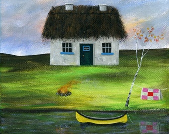 Original Painting Little Sunset Cottage by Brianna - 6x6 - Autumn Folk Art waterfront thatch roof cottage with quilt, yellow canoe, bonfire