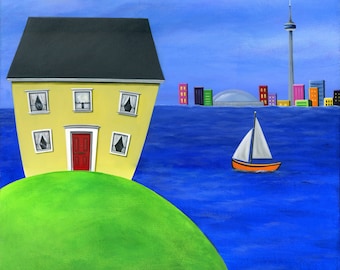 Hilly Hideout Giclée Archival Print - Paper or Canvas - Folk Art Island House with cityscape waterfront and orange sailboat - Various Sizes