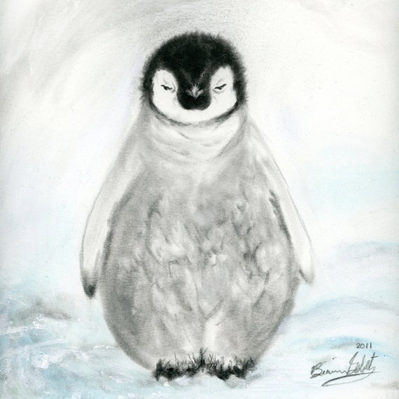 Baby Emperor Penguin Gicl e Archival Print of pastel on watercolor paper Paper or Canvas Winter Arctic Antarctic Snow Art Various Sizes