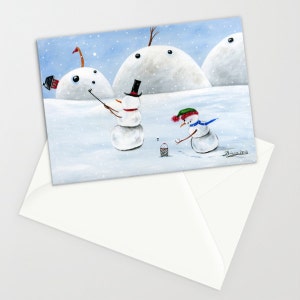 Hilly Hole in One Folk Art Winter Christmas Card w/ Snowman and son playing Golf image 1