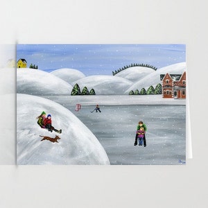 Hilly Humbleness Folk Art Winter Christmas Card w/ family skating and sledding image 2