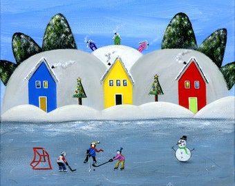 Hilly Hockey Day Giclée Archival Print - Paper or Canvas - Winter Folk Art Painting with boys & girls playing pond hockey - Various Sizes