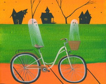 Ghost Spokes Giclée Archival Print - Paper or Canvas - Halloween Folk Art 2 Ghosts Ride bike with basket past haunted houses - Various Sizes