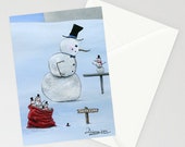 Hilly Helpers Close Up - Folk Art Winter Christmas Card - Snowman making final inspection at North Pole assembly line to fill Santa 39 s Sack