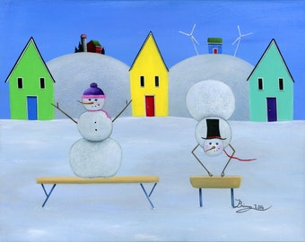 Hilly Handstand Giclée Archival Print - Canvas or Paper - Various Sizes - Winter snowman gymnastics, pommel horse, balance beam, wind power