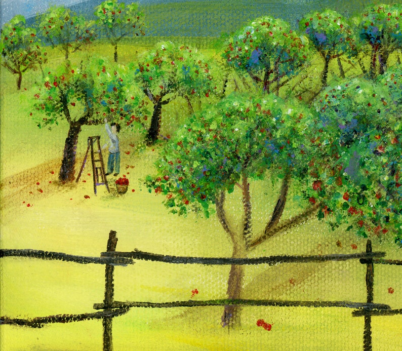 Original Painting Hilly Here Ya Grow by Brianna 12x24 Acrylic Summer Folk Art Apple Orchard with Farmer, Picker, Horse, Dog OOAK image 4