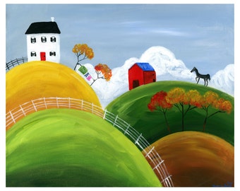 Hilly Hideaway Giclée Archival Print - Paper or Canvas - Whimsical Naive Folk Art Painting white house, black horse, red barn -Various Sizes