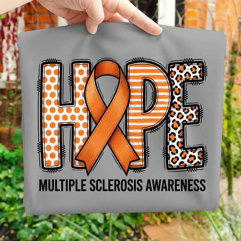PNG de concienciación sobre la esclerosis múltiple, diseño moderno de cinta naranja para EM, texto de sublimación HOPE, descarga digital, letras con patrón texturizado imagen 3