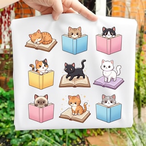 Kawaii Cats and Books PNG Bundle Cute Bookworm Feline Design Cozy Reading Cat Lover Sublimation PNG Aesthetic Library Digital Download
