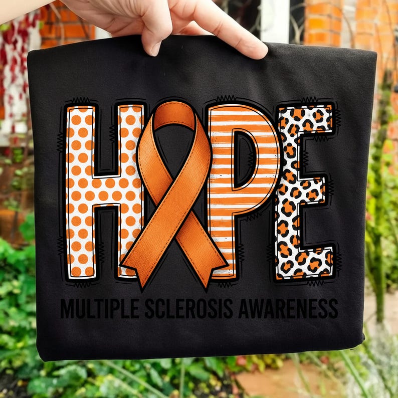 PNG de concienciación sobre la esclerosis múltiple, diseño moderno de cinta naranja para EM, texto de sublimación HOPE, descarga digital, letras con patrón texturizado imagen 2
