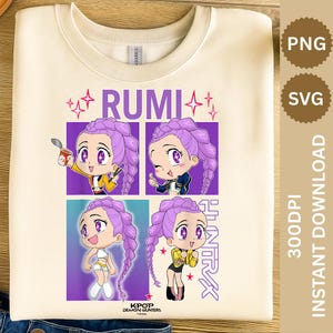 May include: Cream-colored sweatshirt featuring a cartoon graphic of a character with purple hair and the word "RUMI" above the image. The graphic is divided into four panels, each depicting the character in different poses. The text "KPOP DEMON HUNTERS" is also visible.