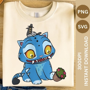 May include: Cream-colored sweatshirt featuring a cartoon blue cat-like creature with yellow eyes, a small hat, and a pot of flowers. The creature has sharp teeth and is sitting. The image also includes "PNG", "SVG", and "INSTANT DOWNLOAD" text.
