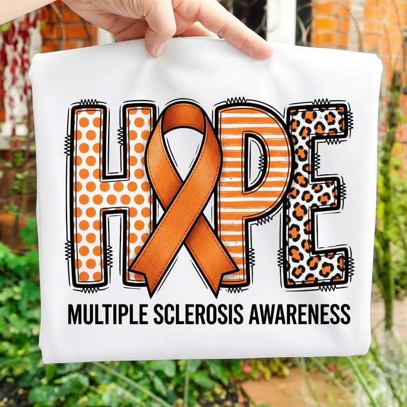PNG de concienciación sobre la esclerosis múltiple, diseño moderno de cinta naranja para EM, texto de sublimación HOPE, descarga digital, letras con patrón texturizado imagen 1