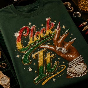 Può includere: Una t-shirt verde scuro con una stampa grafica che riporta il testo "CLOCK It" in un gradiente glitterato rosso, giallo e verde. Il design include una mano bruna con unghie lunghe decorate, diversi anelli di strass e un orologio da polso.