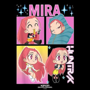 May include: A black graphic featuring four panels of a cartoon character with long pink hair. The character is depicted in various poses, including eating noodles and wearing a blue hooded jacket. The text "MIRA" and "HUNTRX" are displayed.