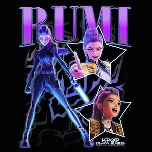 May include: Black graphic featuring the name "RUMI" in purple and white. The image includes three illustrations of a woman with purple hair, one holding a sword. The text "KPOP DEMON HUNTERS" is also present.