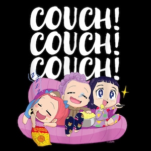 Peut inclure: Illustration de dessin animé de trois personnages animés sur un canapé rose, mangeant des collations et regardant la télévision. Le mot "COUCH!" est écrit en grandes lettres blanches au-dessus du canapé. Le fond est noir.