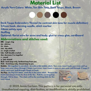 May include: A crochet pattern material list with text and color swatches. The list includes acrylic yarn colors, embroidery thread, a 3.0mm hook, safety eyes, and stuffing. Abbreviations and stitch instructions are also provided.