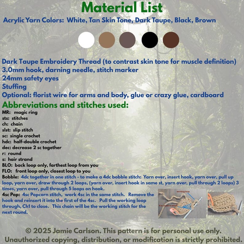 May include: A crochet pattern material list with text and color swatches. The list includes acrylic yarn colors, embroidery thread, a 3.0mm hook, safety eyes, and stuffing. Abbreviations and stitch instructions are also provided.