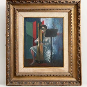 Jean-Pierre Alaux “La Harpe Irlandaise” Original Oil Painting 1950 Ecole de Beaux-Arts Vintage Art